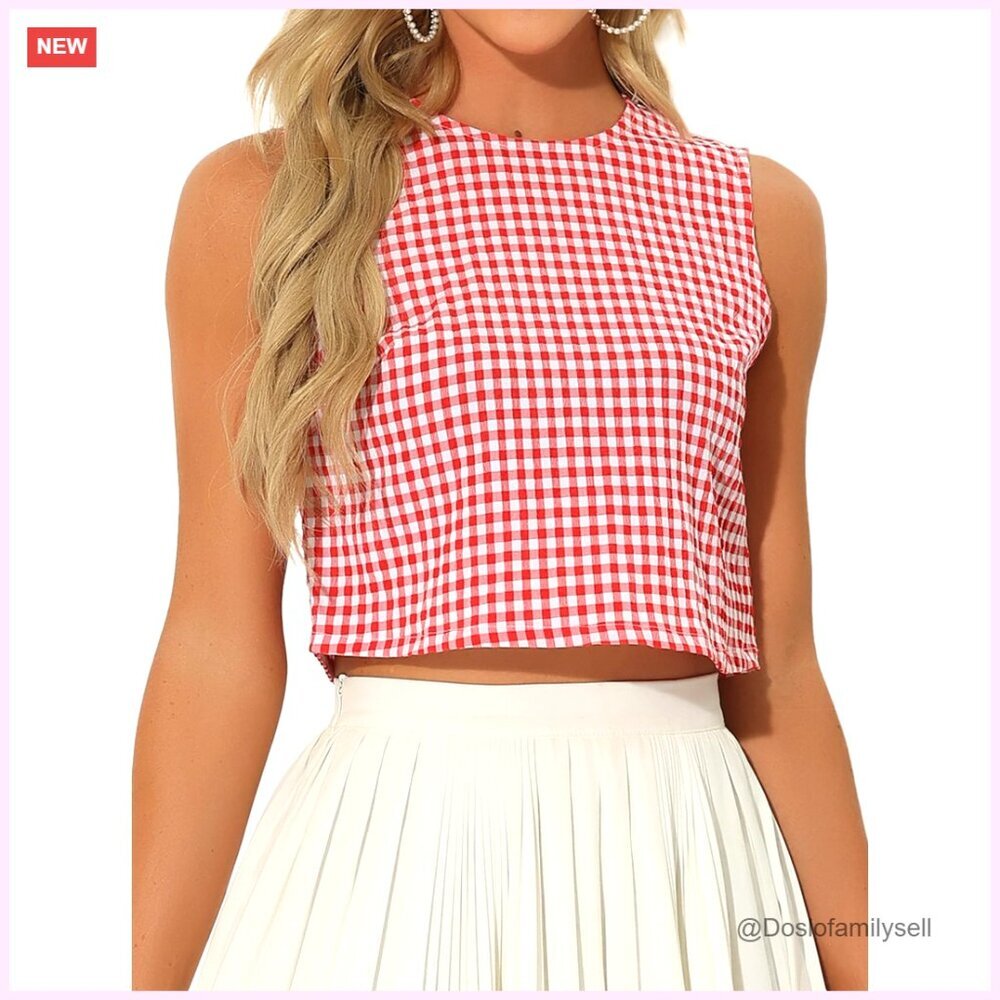 Sleeveless Gingham Blouse, Keyhole Back, Summer Vacation Top